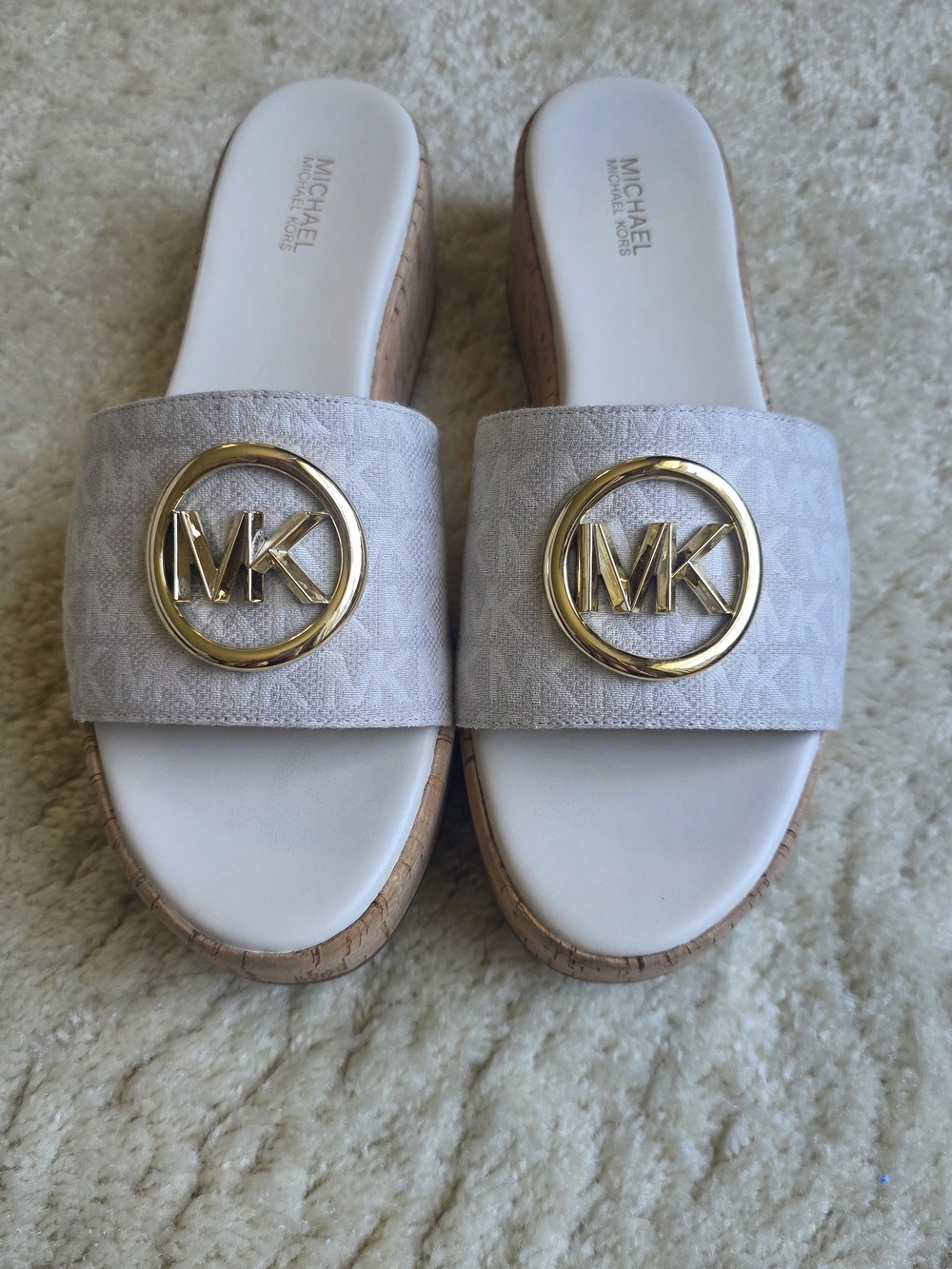 Michael Kors Light Beige Cork-Trim Slide Sandals with Gold MK Emblem